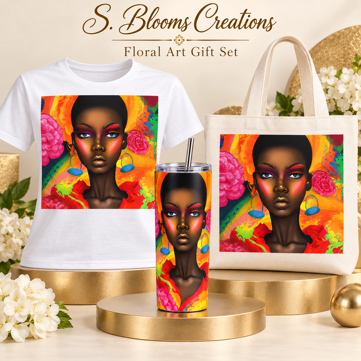 Cassaundra three-piece gift set design concept featuring matching tumbler tote and T-shirt