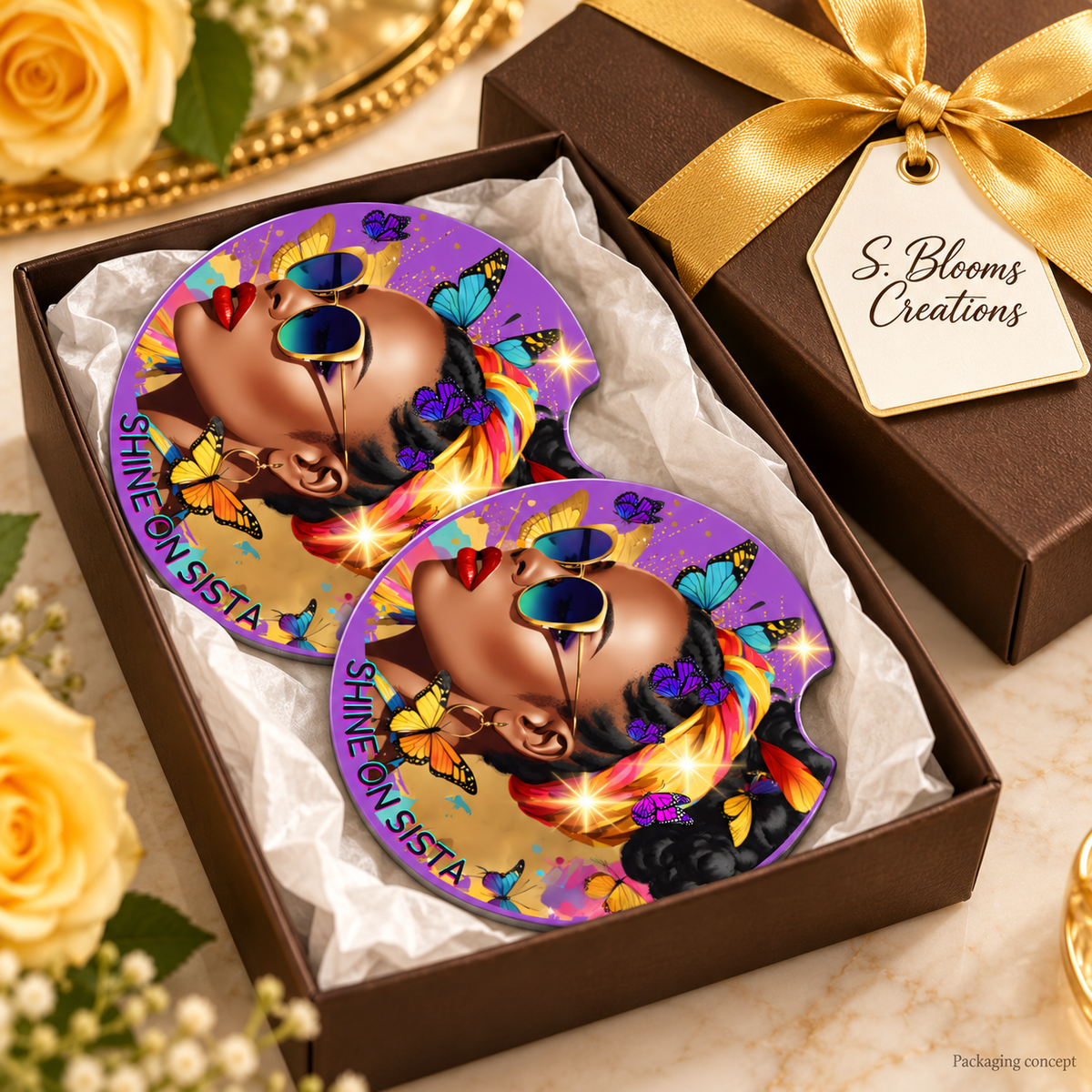 Keisha car coasters: set of two. Gift-box packaging shown is a concept.
