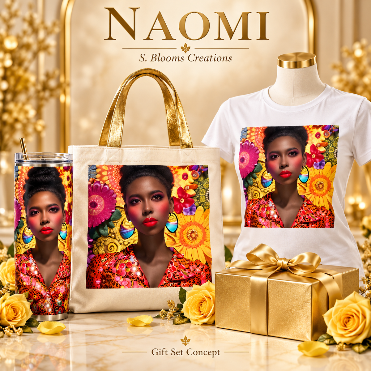 Naomi three-piece gift set design concept with tumbler, tote and T-shirt