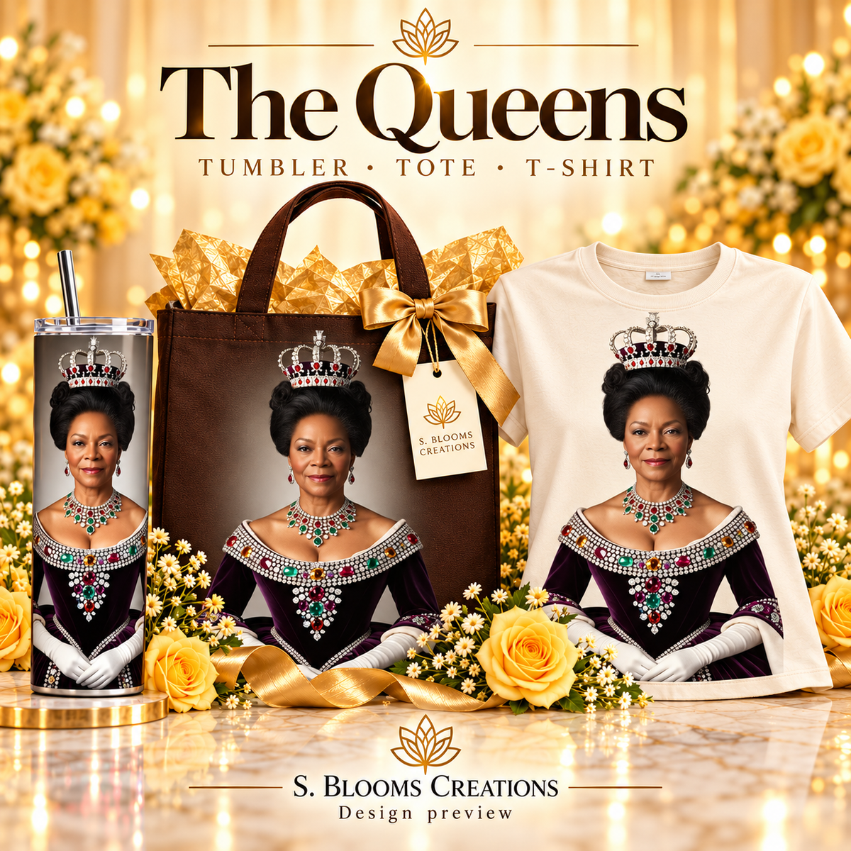 Matching tumbler, tote and T-shirt — design preview